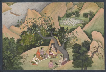 Rama, Sita und Lakshmana in der Einsiedelei von Bharadvaja: Illustrierte Folio aus..., ca. 1780