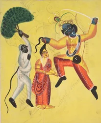 Rama und Hanuman, die einen entwurzelten Baum halten, retten Sita, 1800er Jahre
