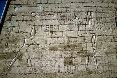 Relief von Ramses III, der Feinde schlägt, Totentempel von Ramses III, Medinat Habu, ca. 1200 v. Chr.
