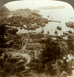 Wiederaufbau einer verbrannten Stadt - Aalesund, ein Inselhafen und wichtiger Kabeljau-Markt, Norwegen, ca. 1905