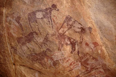 Felskunst, Vorgeschichte: Malerei einer Gruppe von Rindern und Figuren in einem verzierten Schutzraum im Uweinat-Massiv, Sudan (Karkur-Talh oder Karkur Talh). Zeitraum von 8000 bis 3000 v. Chr. Fotografie