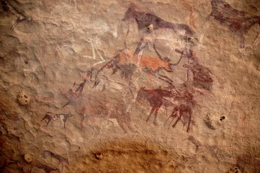 Felskunst, Vorgeschichte: Felsmalerei einer Gruppe von Rindern und polychromen Figuren (Hirten und Bogenschützen) in einem verzierten Schutzraum im Uweinat-Massiv, Sudan. Zeitraum von 8000 bis 3000 Jahre v. Chr. Fotografie