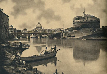 Rom - Der Tiber - Schloss und Brücke von S. Angelo. Kuppel von St. Peter