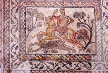 Römisches Mosaik eines Reiters, der einen Leoparden jagt, Merida, Spanien, ca. 2.-3. Jahrhundert