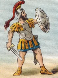 Römischer Soldat. Gravur in "Alphabet de ma petite fille". Bernardin-Bechet und Fils, Buchhändler-Verleger, Paris, um 1895. Unzerbrechliches Album auf Leinwand. Bibliotheque des Bebes. 12 Seiten. Album mit einer Lesemethode und einem illustrierten Abecedar