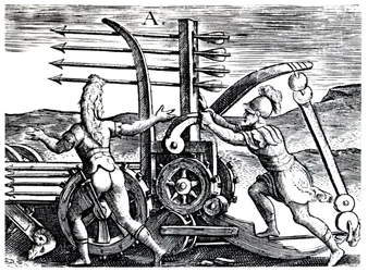Römische Soldaten benutzen eine Kriegsmaschine, die mehrere Pfeile abschießt, 1605