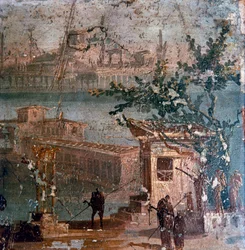 Römische Wandmalerei einer idyllischen Landschaft, Pompeji, 1. Jahrhundert