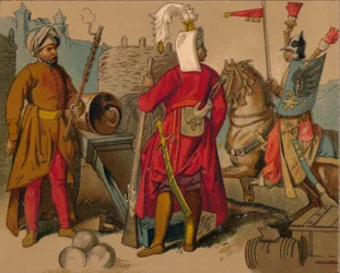 Russische Strelitzi und türkische Wachen des 17. Jahrhunderts - Artillerist, Janitschar, Spahioglan, ca. 1