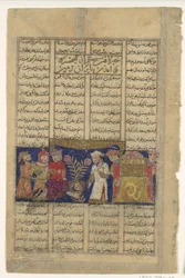 Rustam kommt aus Kabul, um Kai Khusrau zu huldigen, Folio aus einem Shahnama..., ca. 1330-40