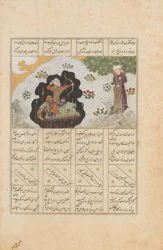 Rustam schießt seinen Halbbruder Shaghad durch eine Platane, Folio aus..., A.H. 887 A.D. 1482