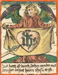 Heiliges Monogramm in einem Heiligen Herzen auf einem von einem Engel gehaltenen Tuch