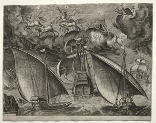 Segelschiffe: Zwei Galeeren segeln hinter einem bewaffneten Dreimaster mit Phaeton..., 1561-65