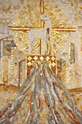 Abteibasilika Saint-Maurice, Mosaik von Madeleine Diener. Das Lamm Gottes und 7 Kanäle, die die Schöpfung symbolisieren, Saint-Maurice, Schweiz