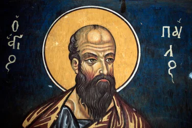 Heiliger Paulus: Byzantinisches Fresko aus dem 14. Jahrhundert (1332) Narthex, Südwand der Phorbiotissa-Jungfrauenkirche, Asinou UNESCO-Stätte, Troodos-Region, Zypern.