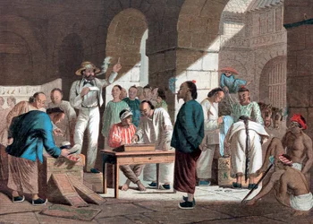 Verkauf englischer Waren in Kanton, 1858