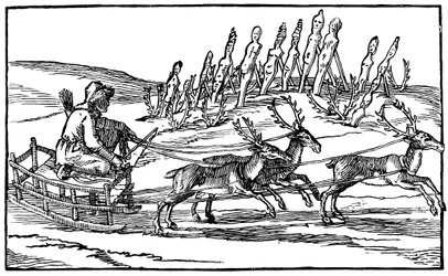 Samojede auf einem von Rentieren gezogenen Schlitten, spätes 16. - frühes 17. Jahrhundert