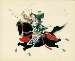 Samuraikrieger auf einem Pferd. Japanisches Gemälde auf Seide im traditionellen japanischen Stil