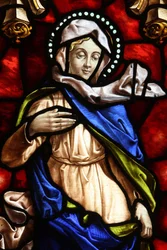 San Jeronimo Kirche. Buntglasfenster. Jungfrau Maria, Madrid, Spanien