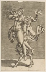 Satyr trägt eine Nymphe und hält ihren rechten Arm fest