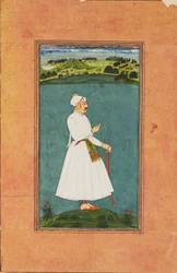 Sawai Jai Singh steht in einer Landschaft, ca. 1730