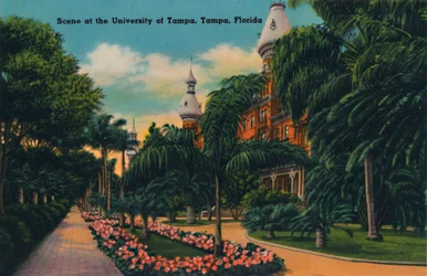 Szene an der Universität von Tampa, Tampa, Florida, um 1940er Jahre