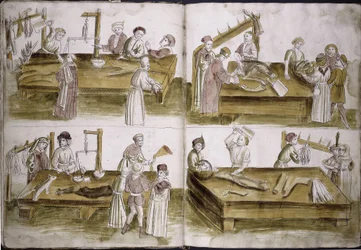 Szene aus dem Marktleben mit Metzgern aus: Ulrich Richental Chronik des Konzils von Konstanz, 1414-1418
