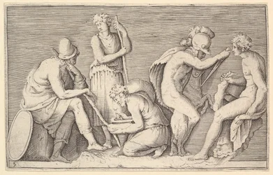 Opferszene mit Krieger, der einen Widder tötet, und vier weiteren Figuren, veröffentlicht ca. 1599-1622