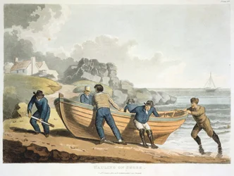 Seeleute ziehen ein klinkergebautes Dingi an Land, 1821