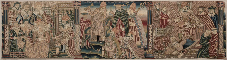 Abschnitt eines bestickten Frieses: Ahasverus und Esther, Der Papst tadelt den Kaiser, 1625-1649