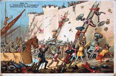 Belagerung von Paris durch die Normannen, 19. Jahrhundert. Farblithographie. Private Sammlung