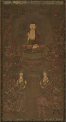 Shakyamuni-Triade mit den sechzehn Beschützern des Großen Weisheits-Sutras, 1300er Jahre
