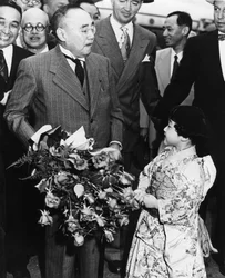 Shigeru Yoshida kommt zum Friedensvertrag von San Francisco, USA, April 1952