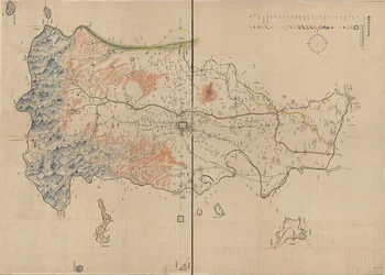 Zeigt Berge, Flüsse, Städte, Dörfer, Märkte, Tempel und Straßen im Landkreis Anyang, Provinz Henan