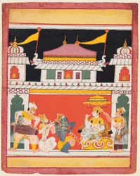 Shri Raga, aus einer Ragamala-Serie, Drei Musiker spielen vor einem Adligen, um 1650