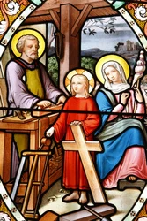 Schrein Unserer Lieben Frau von La Salette Buntglasfenster Jesus in der Werkstatt seines Vaters, La Salette, Frankreich