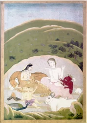 Siva und Parvati mit ihren Kindern, Ganesh und Karttikgya auf dem Berg Kailash, ca. 1745