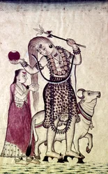 Siva, gefolgt von seiner Gemahlin Parvati, geht mit dem Stier Nandi, ca. 1730