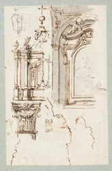 Skizzen eines Altars, eines Kapellenabschnitts, eines Kapitells und Profile von Gesimsen