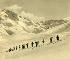 Skistunde, Arlberg, Österreich, um 1935