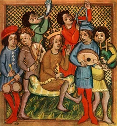 Kleine Trommeln, Geige, Horn, Triangel, Laute und Dudelsack, Olmützer Bibel, 1417, 1948