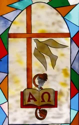 Buntglasfenster: christliche Symbole, Togoville, Togo