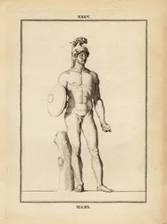 Statue des Mars, römischer Kriegsgott mit Helm und Schild