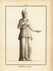 Statue der römischen Göttin der Weisheit Minerva Ergane (Minerva Arbeiterin), mit Helm und Schlange