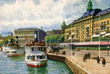 Dampfschiff am Kai beim Grand Hotel, Stockholm, um 1928