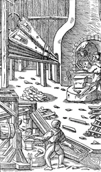 Stahlproduktion: eine Schmiede mit Blasebalg zur Erzeugung von Zugluft, 1556