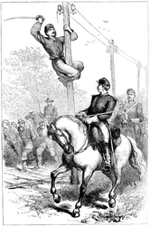 Stuarts Kavallerie schneidet Telegrafendrähte, Amerikanischer Bürgerkrieg, um 1861-1864, um 1880