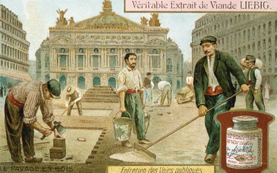 Eine Straße in Paris mit Holzblöcken pflastern, um 1900