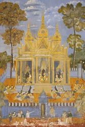 Silberpagode, Dieses Wandgemälde zeigt Szenen aus dem Reamker, der kambodschanischen Version des klassischen hinduistischen Gedichts Ramayana, Phnom Penh, Kambodscha