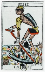 Tarotkarte des Todes, der Sensenmann, Noblet-Tarot, 17. Jahrhundert
