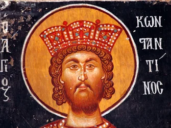 Das byzantinische Fresko aus dem 15. Jahrhundert (Detail): Der Kaiser Konstantin Wandmalerei Michael Erzengel Kirche in Pedoulas Zypern Bemalte Kirchen UNESCO-Stätte Troodos, Zypern